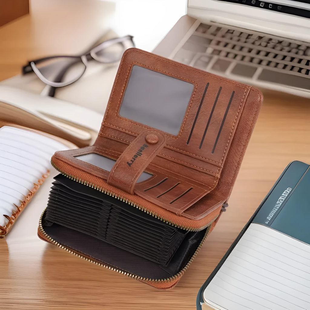 Women's black PU leather zipper coin purse with integrated card wallet showing secure closure