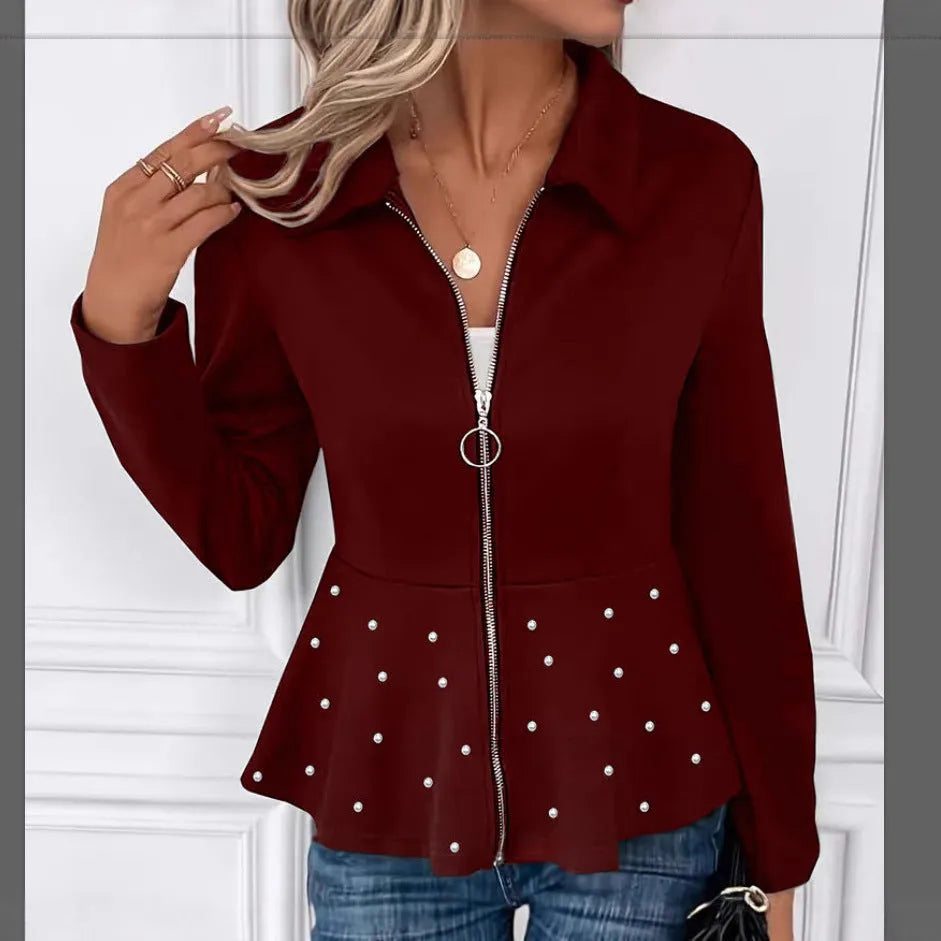 Women's black loose fit coat with heavy-duty zipper and ruffled hem, made from Spandex fabric.