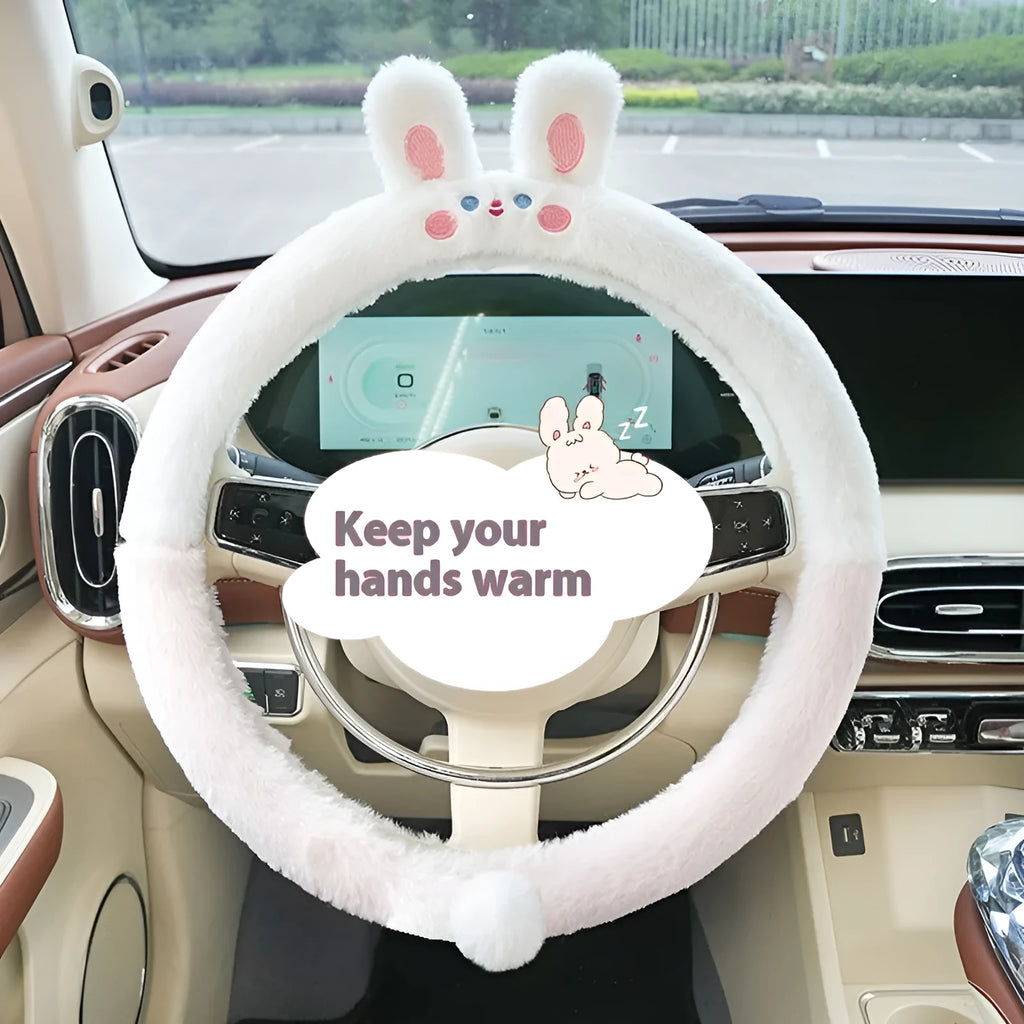 Plush steering wheel cover with cartoon embroidery for 38cm diameter wheels