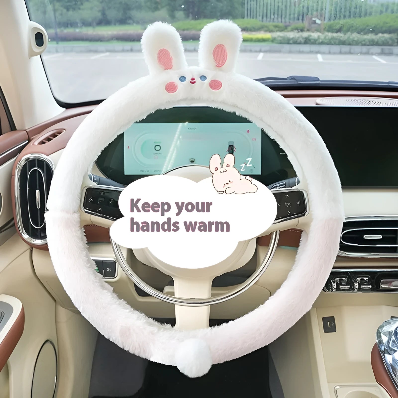 Plush steering wheel cover with cartoon embroidery for 38cm diameter wheels