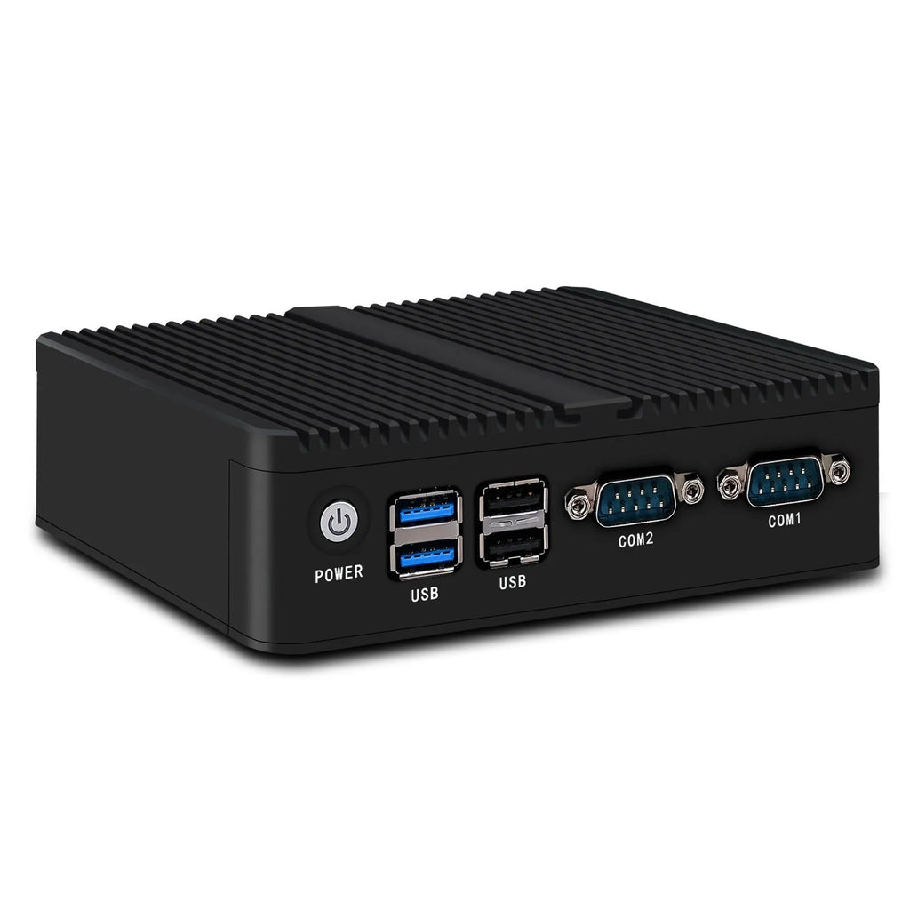 Industrial control quad-core microcomputer with compact fanless design measuring 13.6x12.7x4cm
