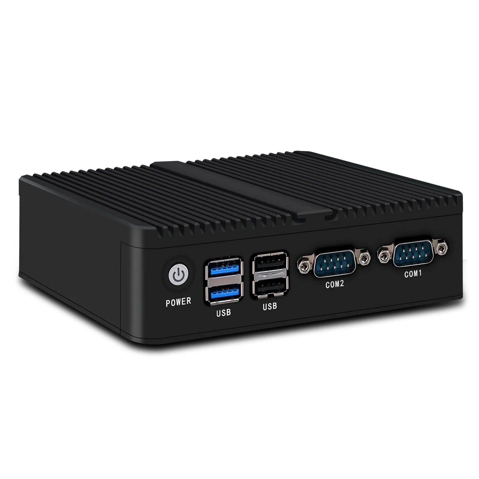 Industrial control quad-core microcomputer with compact fanless design measuring 13.6x12.7x4cm