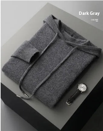 Men's light gray cashmere hooded sweatshirt and matching track pants laid flat.