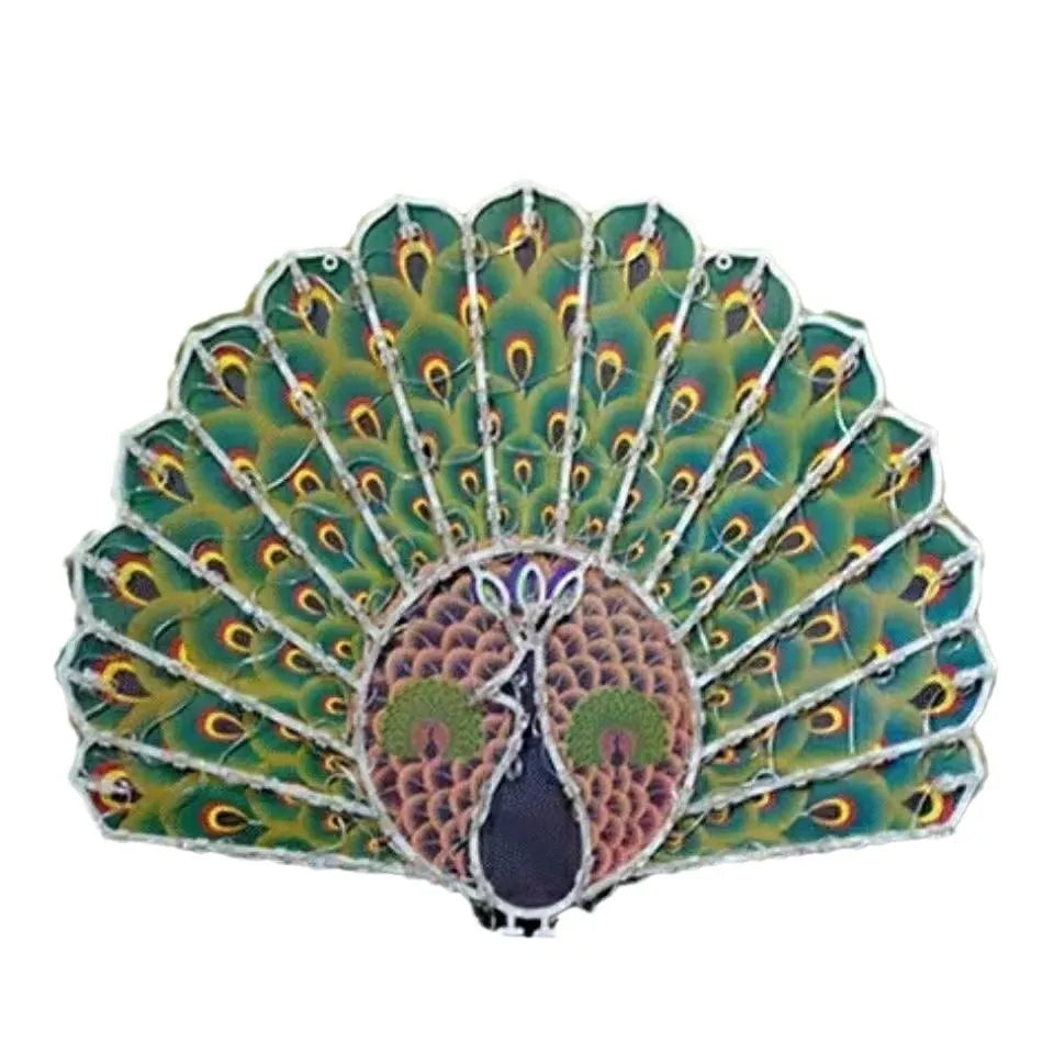 Outdoor Christmas string lights showing peacock, heart, sunflower and star shaped decorative bulbs