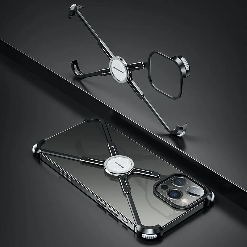 Silver X-shaped metal phone case for iPhone 12 Pro with four airbag corners and magnetic holder