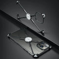 Silver X-shaped metal phone case for iPhone 12 Pro with four airbag corners and magnetic holder