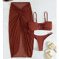 Women's three-piece bikini set with long culottes in polyester fabric, available in multiple solid colours