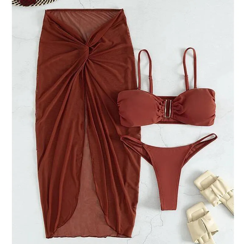Women's three-piece bikini set with long culottes in polyester fabric, available in multiple solid colours