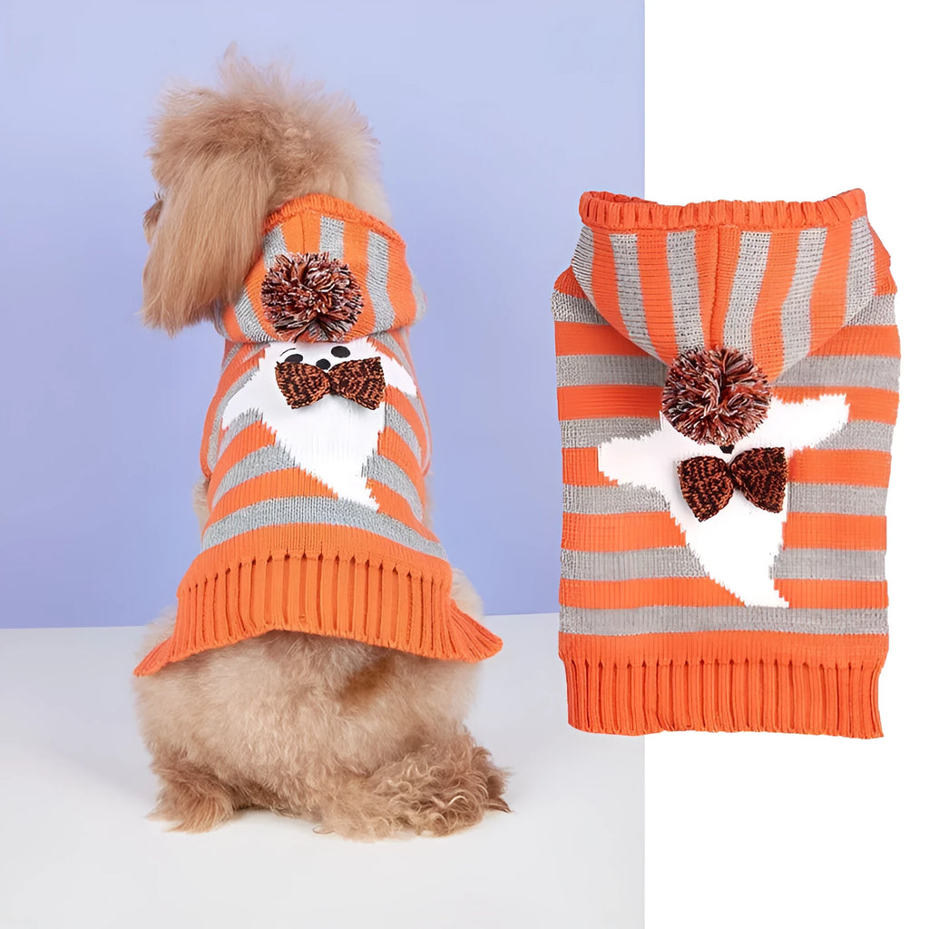 Halloween knitted cold-proof contrast colour striped hooded fur ball pet sweater in orange for dogs and cats