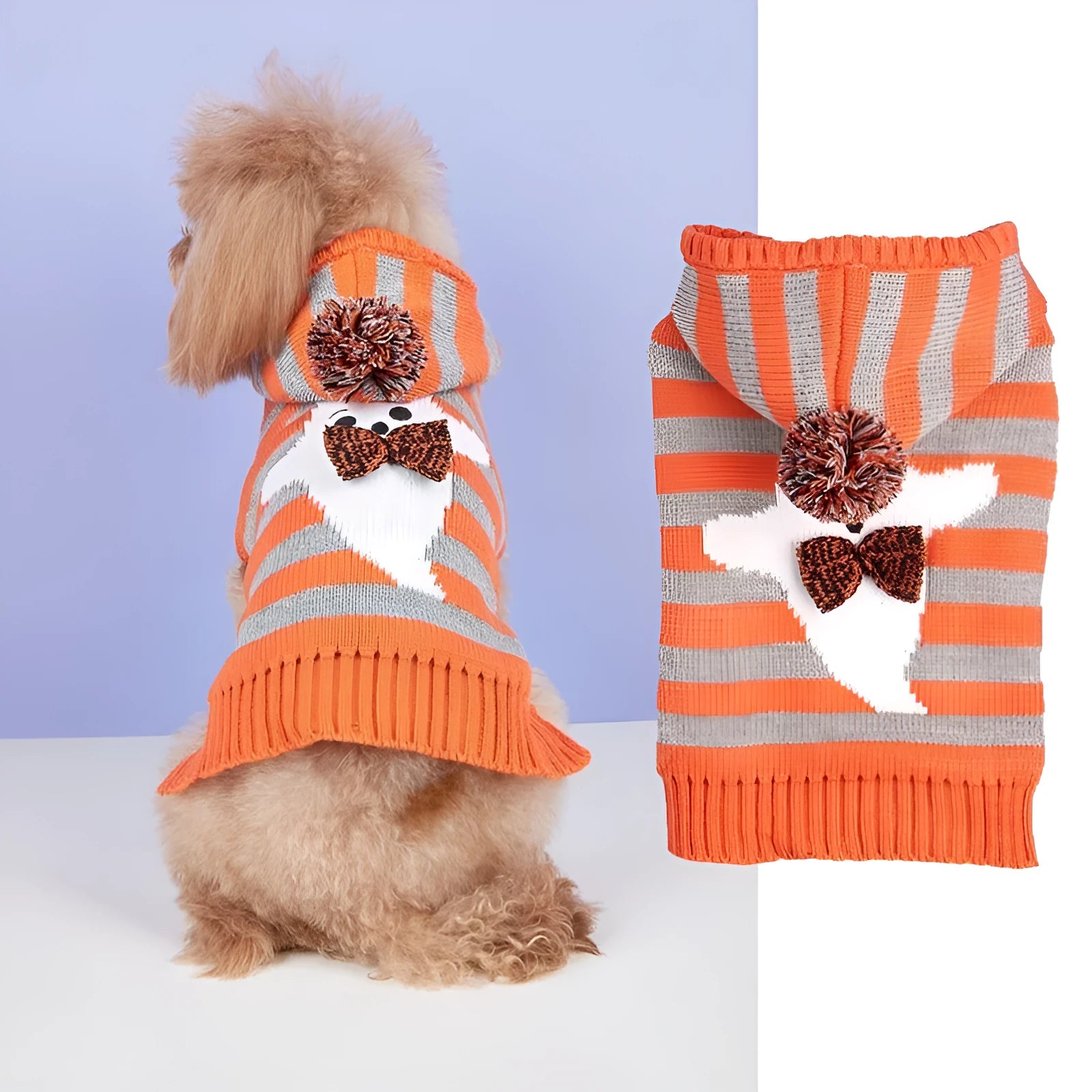 Halloween knitted cold-proof contrast colour striped hooded fur ball pet sweater in orange for dogs and cats