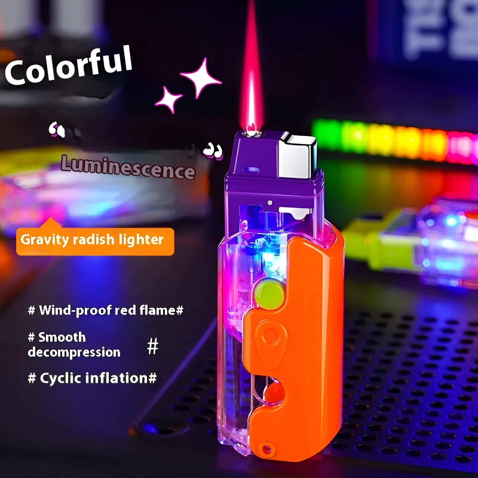 Colourful luminous plastic lighter with radish design in orange, purple, and green options