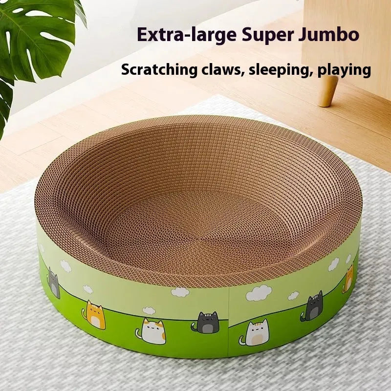Round deep pit cat scratch board in corrugated paper construction showing 45cm and 50cm size options