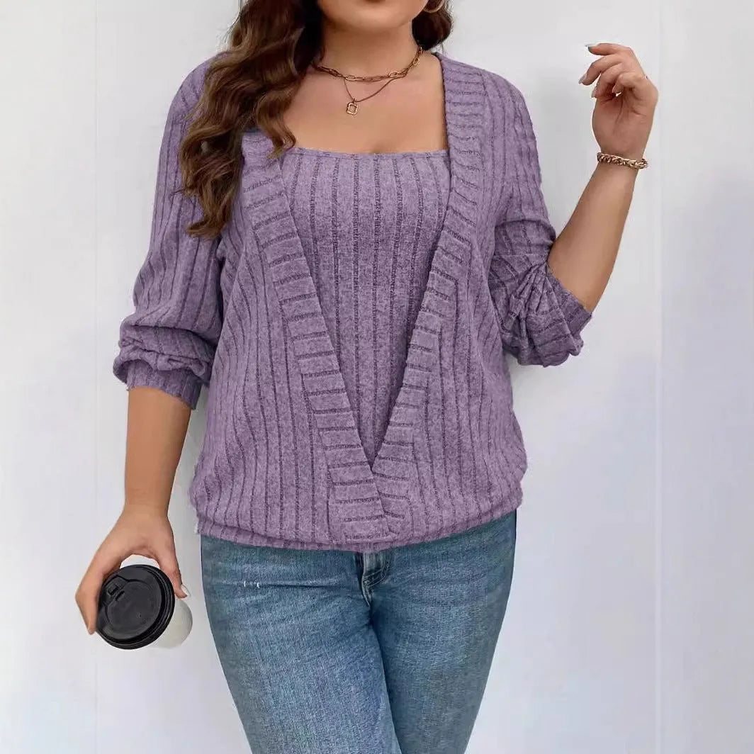 Solid colour rib knit V-neck false two-piece suit with long sleeves in loose fit.
