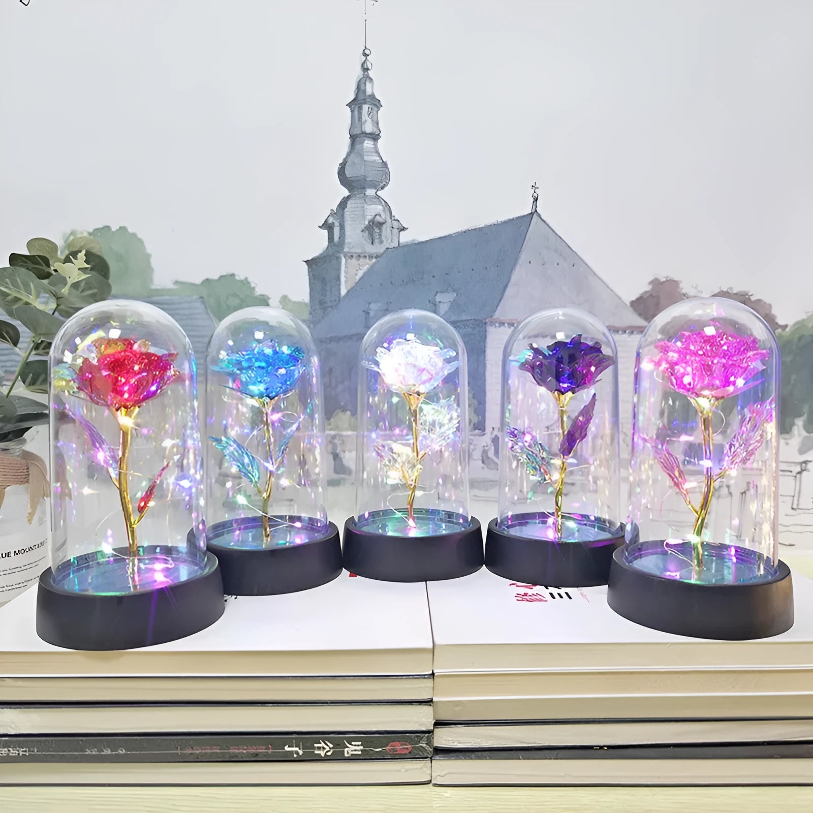 Small plastic night lamp with coloured LED lights and a decorative flower design under a glass-style cover.