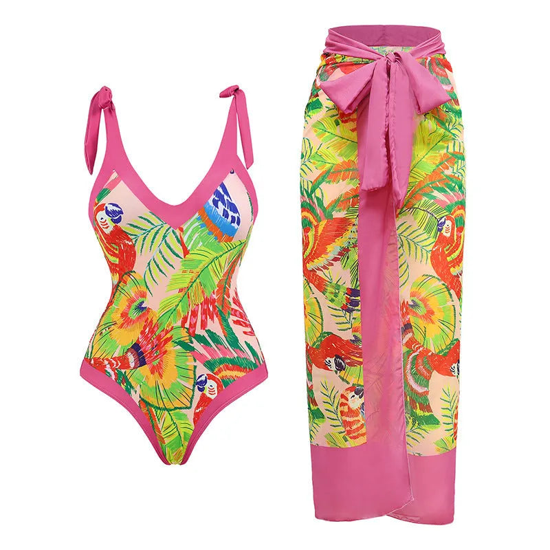 Retro pink floral print one-piece swimsuit for women with V-neck, tummy control and attached skirt