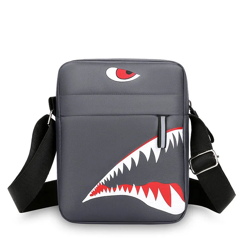 Men's black Oxford cloth crossbody bag with animal print pattern and adjustable shoulder strap