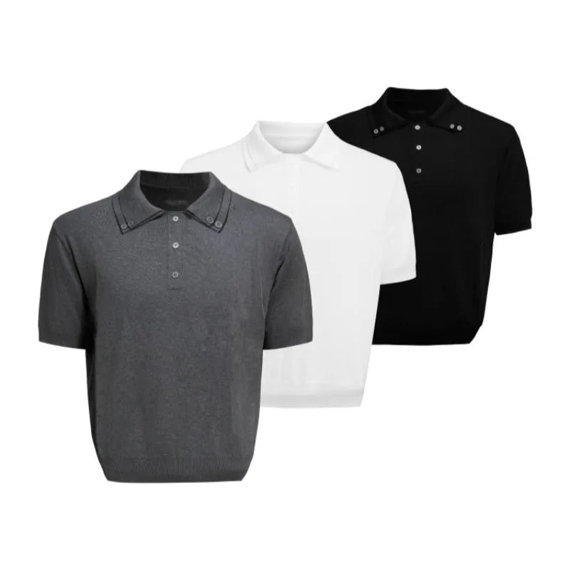 Men's black short sleeve shirt with a double lapel collar and loose fit.