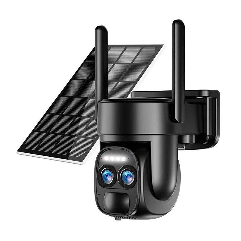 Solar powered outdoor security camera with 8x zoom lens and weather-resistant housing