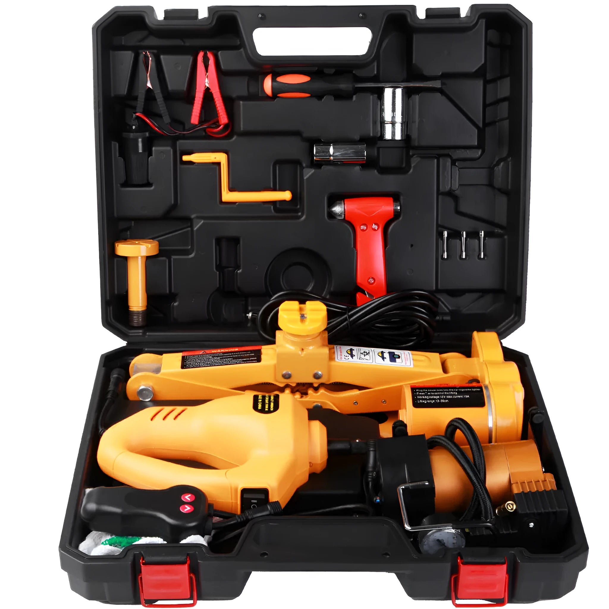 Yellow electric car jack set with electric wrench for vehicle maintenance and tyre changes