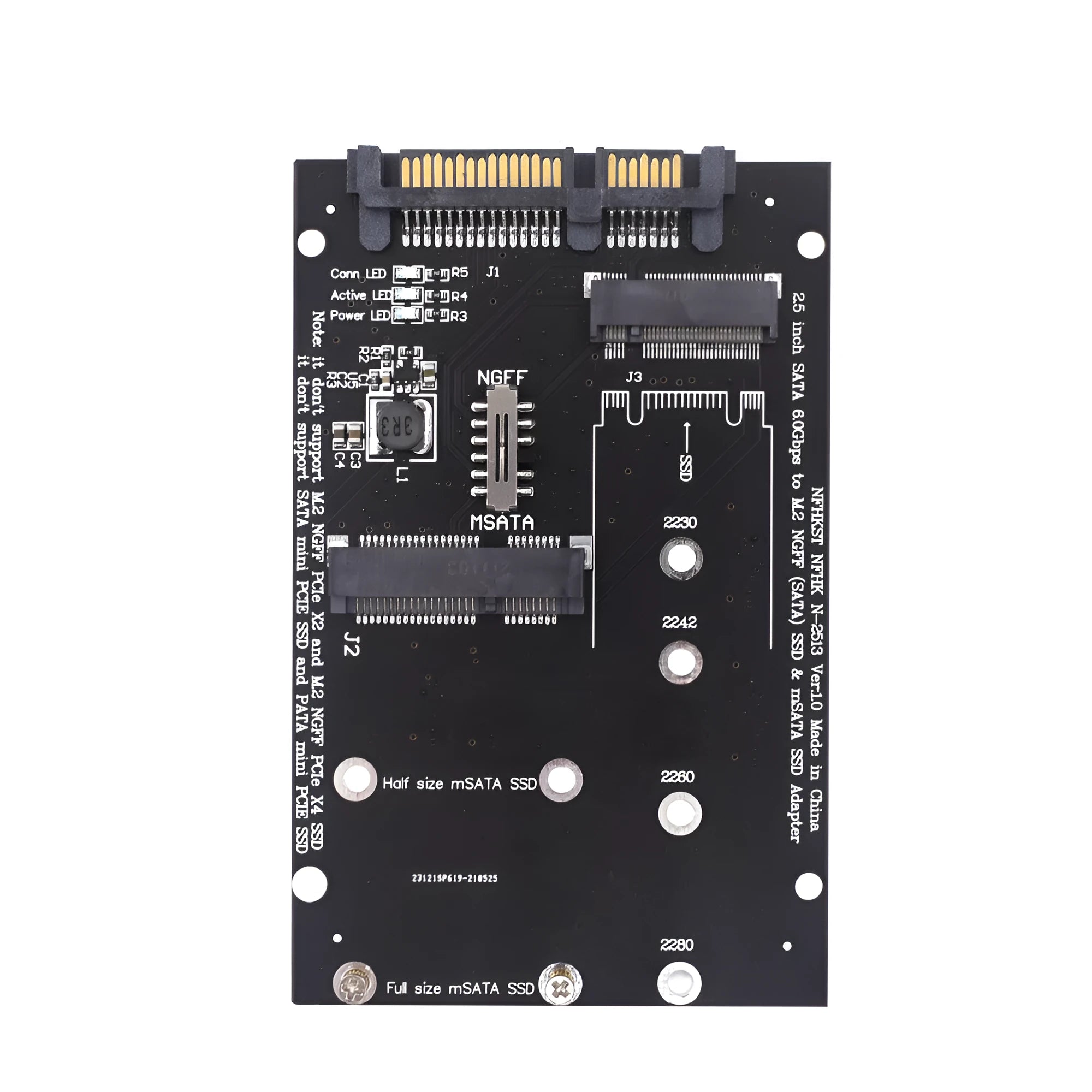 Black and blue SATA3 to M2 NGFF MSATA SSD conversion adapter card on a white background
