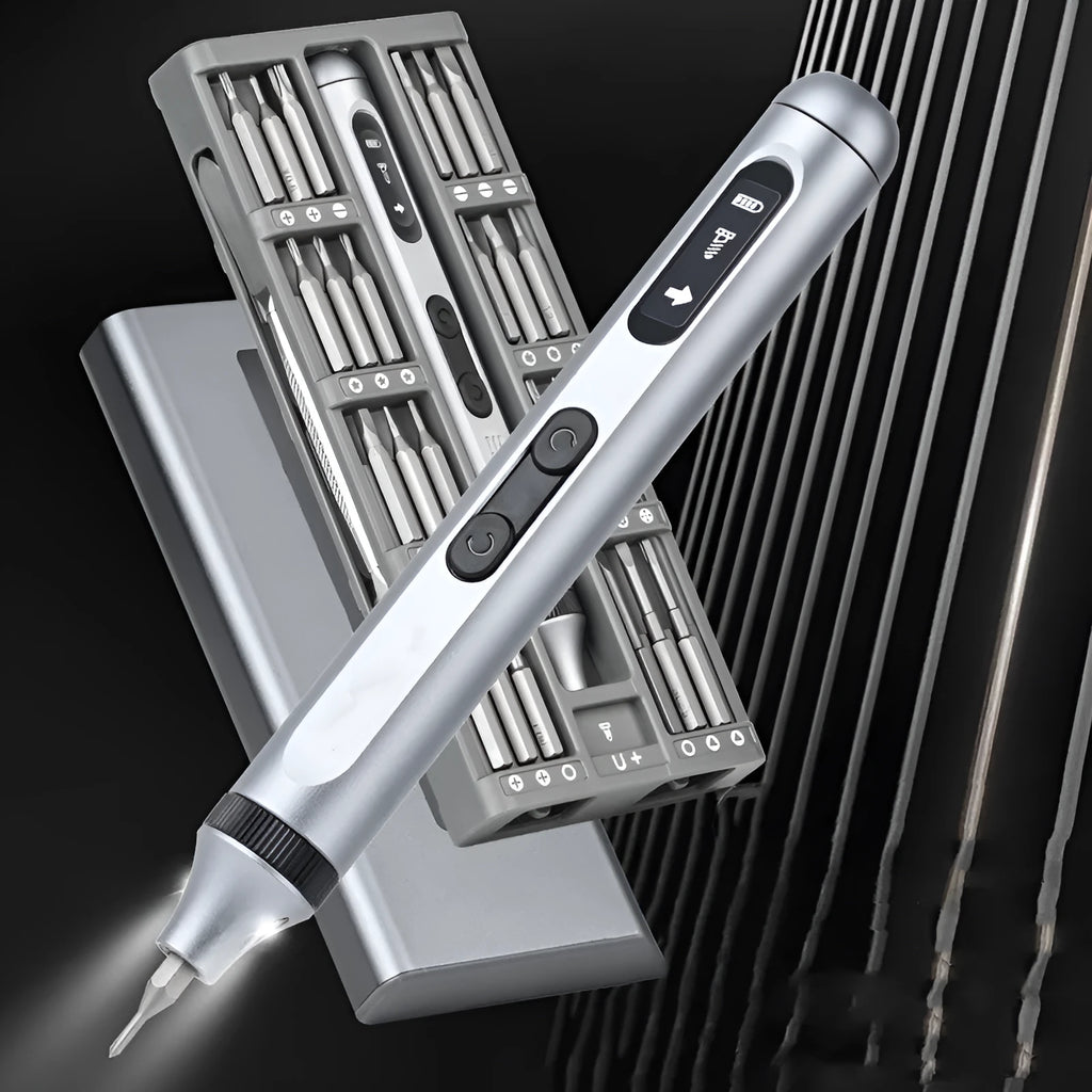 Aluminium alloy precision electric screwdriver showing compact design and chuck detail.