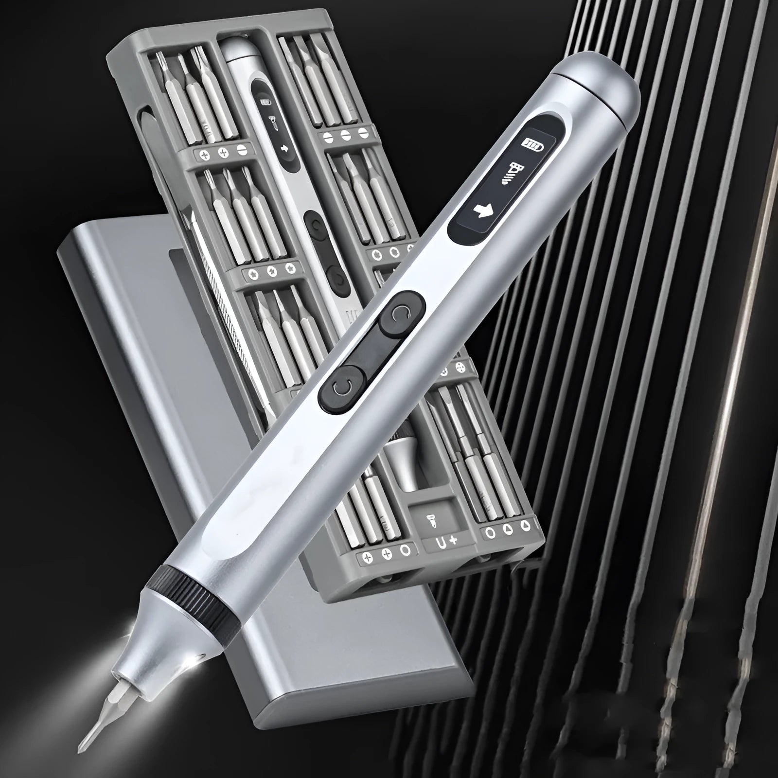 Aluminium alloy precision electric screwdriver showing compact design and chuck detail.