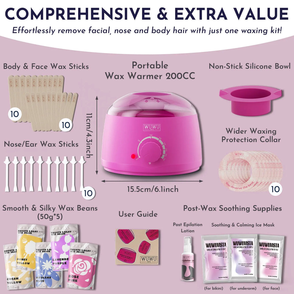 Professional waxing kit with hard wax beans, warmer, application sticks, post-care lotion and cooling masks on pink background