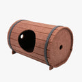 Assembled wine barrel pet bed in polyester fibre felt with binding straps, designed as a cosy cat nest