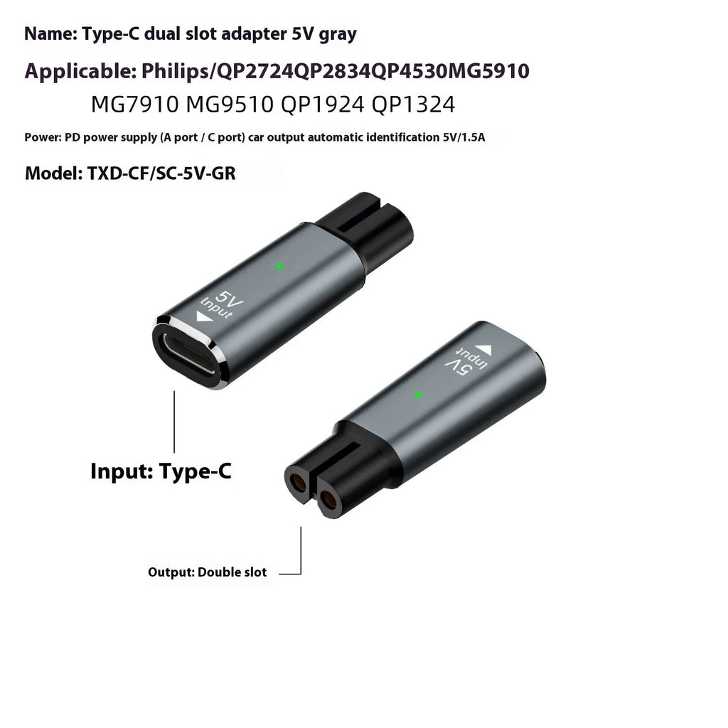 USB C charging adapter for electric shaver with aluminium alloy casing in black or grey