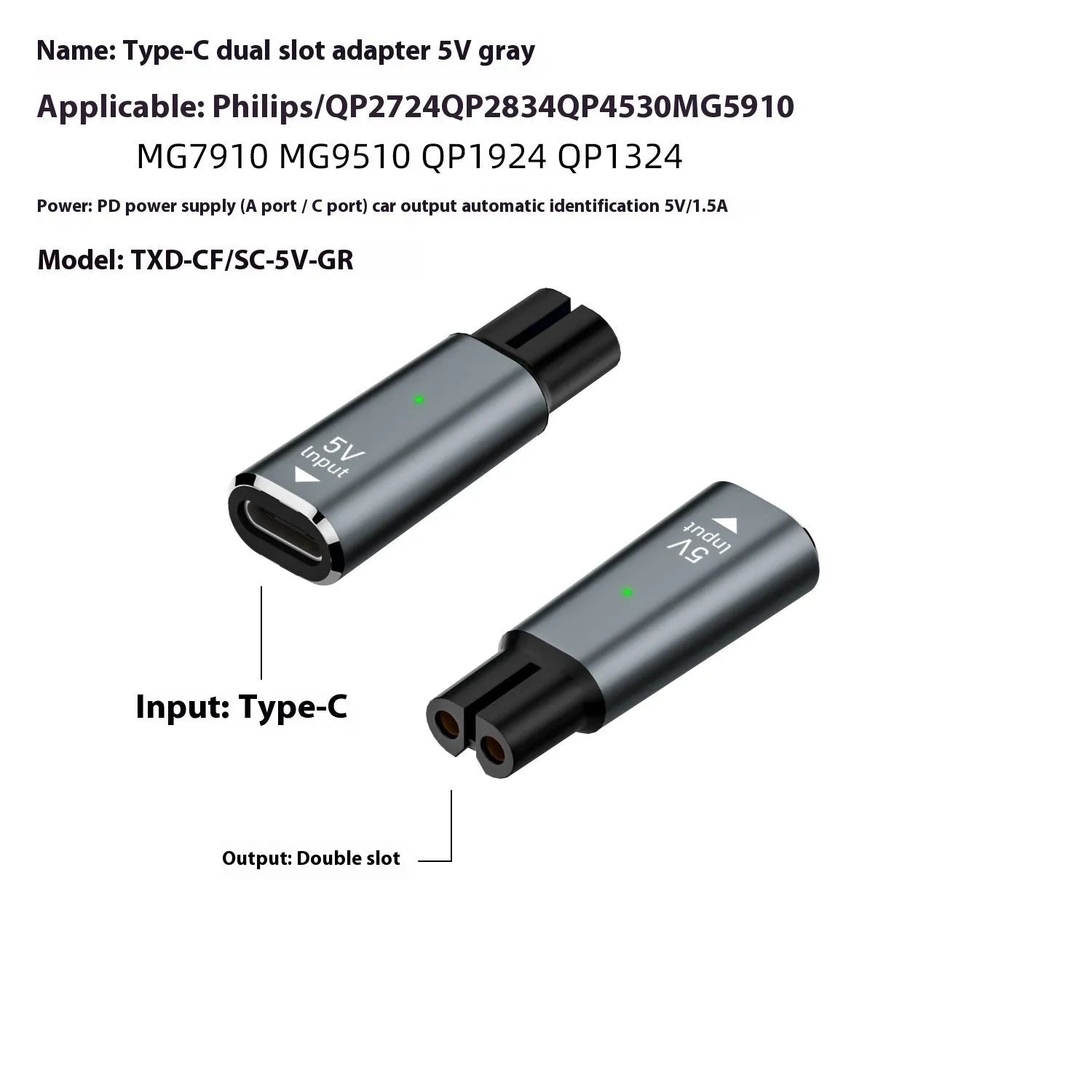 USB C charging adapter for electric shaver with aluminium alloy casing in black or grey