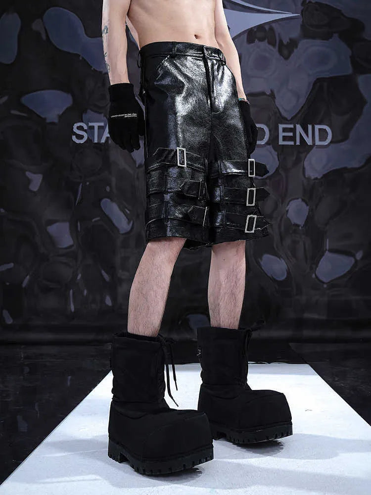 Men's black PU leather cropped shorts with medium-low waist design