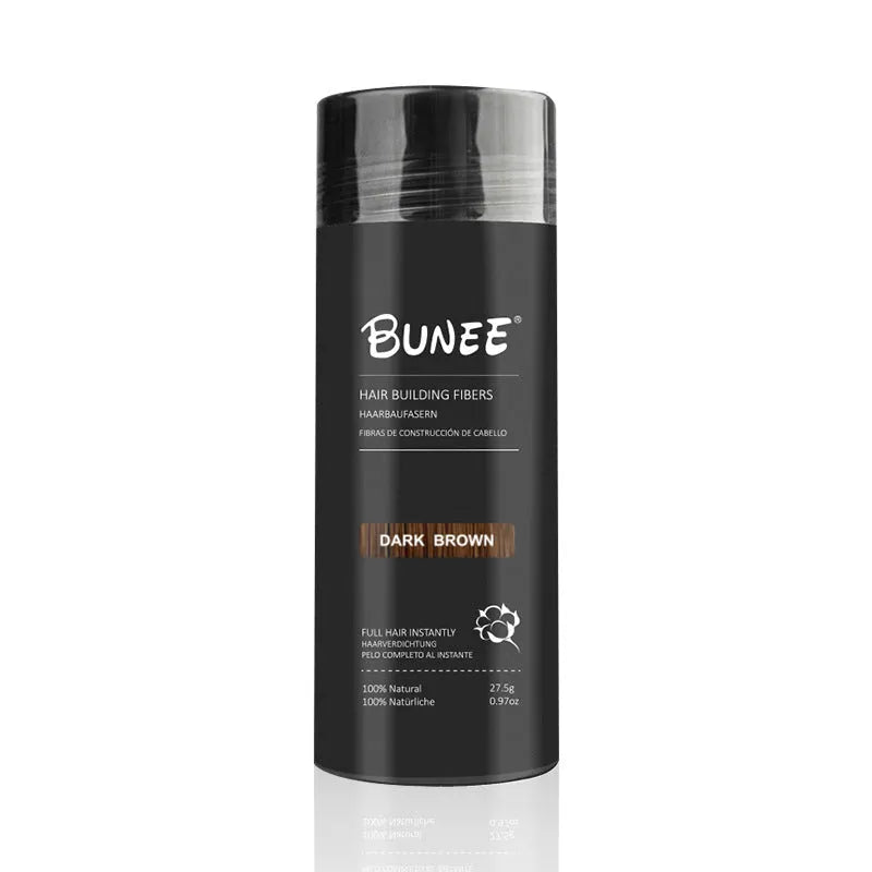 Boxed three-piece dense hair fibre powder set with applicator comb and spray, shown in multiple colour options.