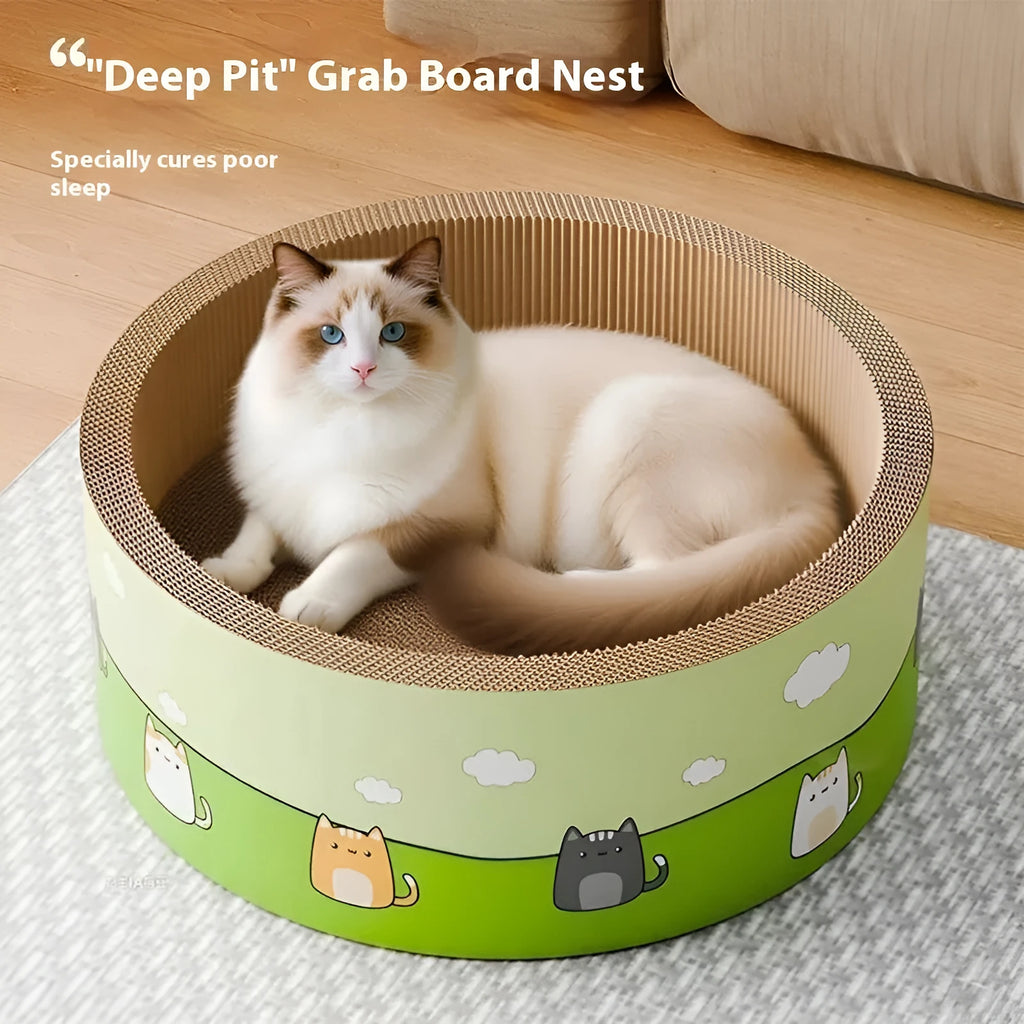 Round deep pit cat scratch board in corrugated paper construction showing 45cm and 50cm size options