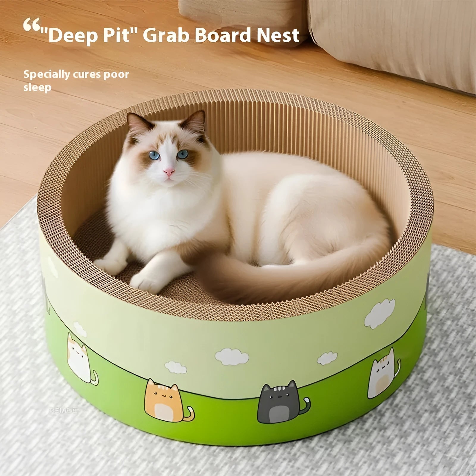 Round deep pit cat scratch board in corrugated paper construction showing 45cm and 50cm size options