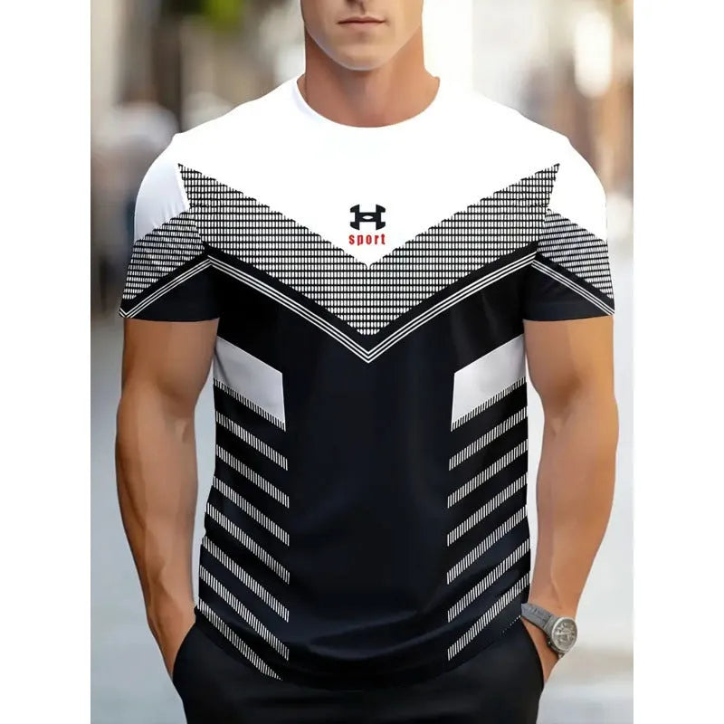Men's loose fit short sleeve T-shirt with a striped 3D digital print design in a casual style.