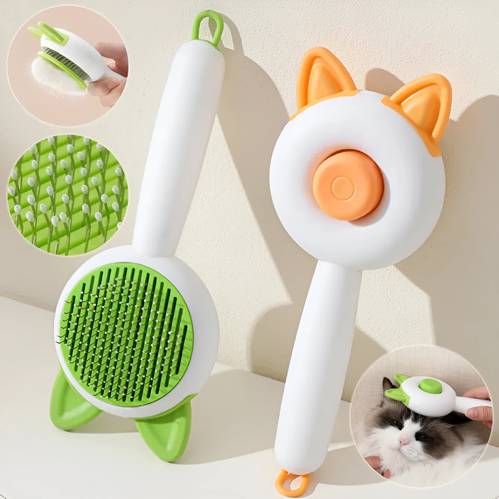 Self-cleaning cat comb grooming tool in greenish white colour with PP, TPR and stainless steel construction