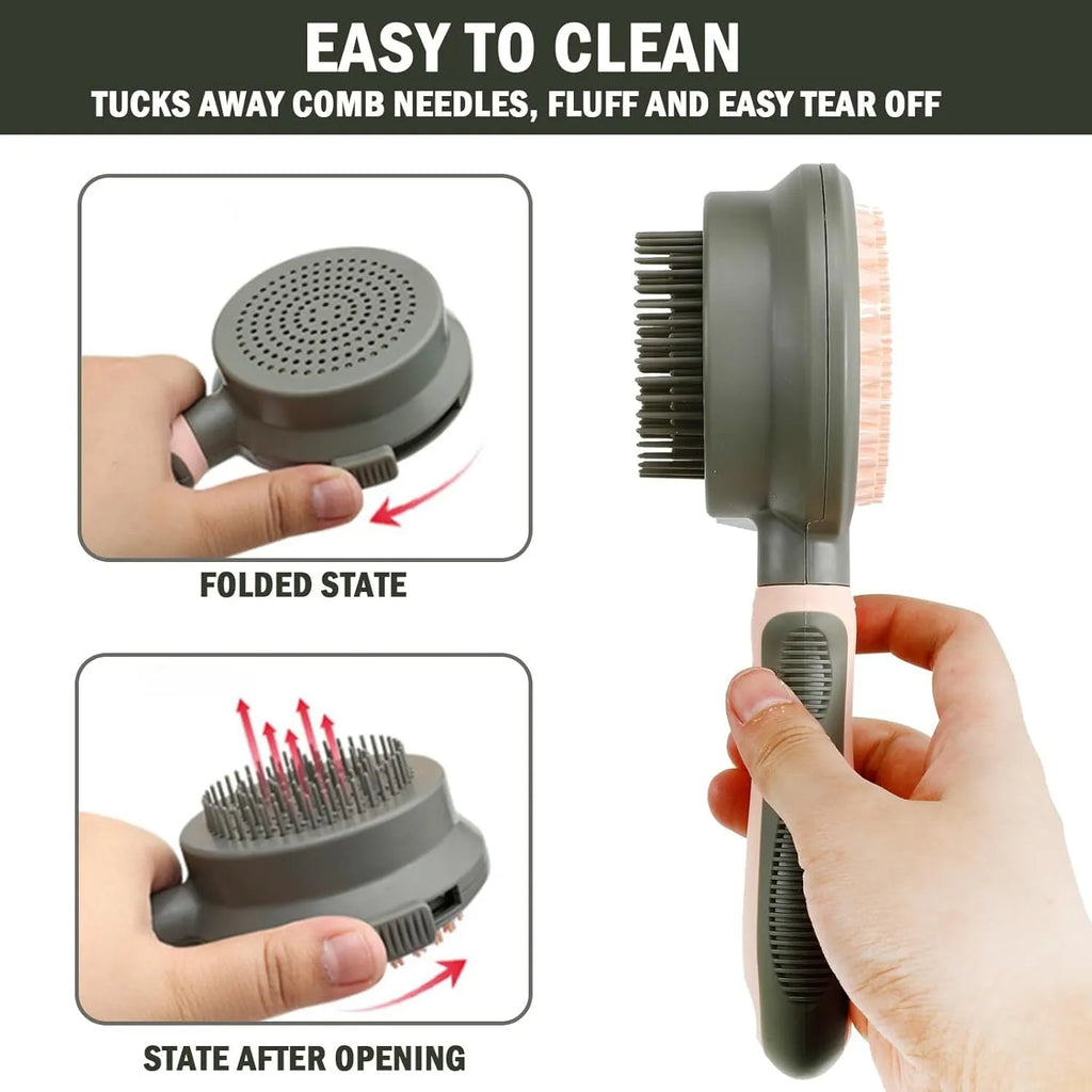 Pink and green dual-sided cat grooming brush with flea comb and release button