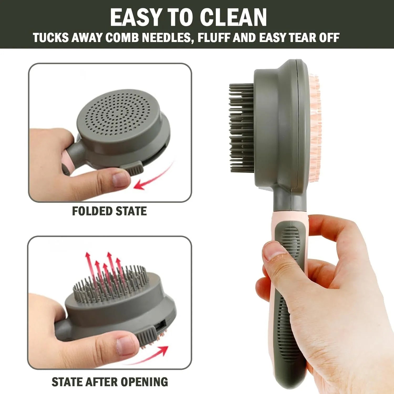 Pink and green dual-sided cat grooming brush with flea comb and release button
