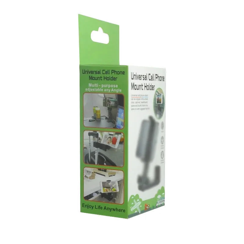 360 rotary collapsible mobile phone holder in black on a desk, with a phone propped up in landscape mode