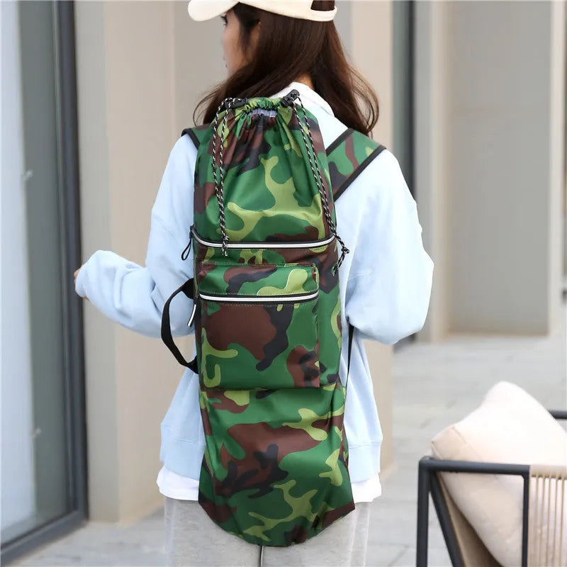 Waterproof nylon skate bag in camouflage colours with skateboard and fishing rod compartments
