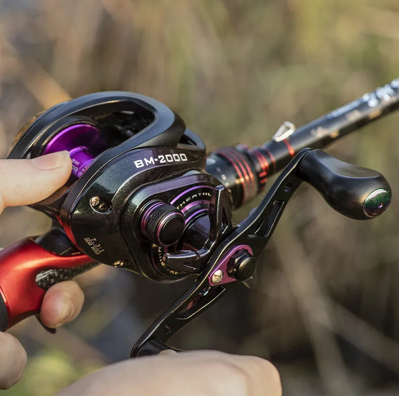 Colourful BM2000 fishing reel with magnetic brake system on a water drop spool.