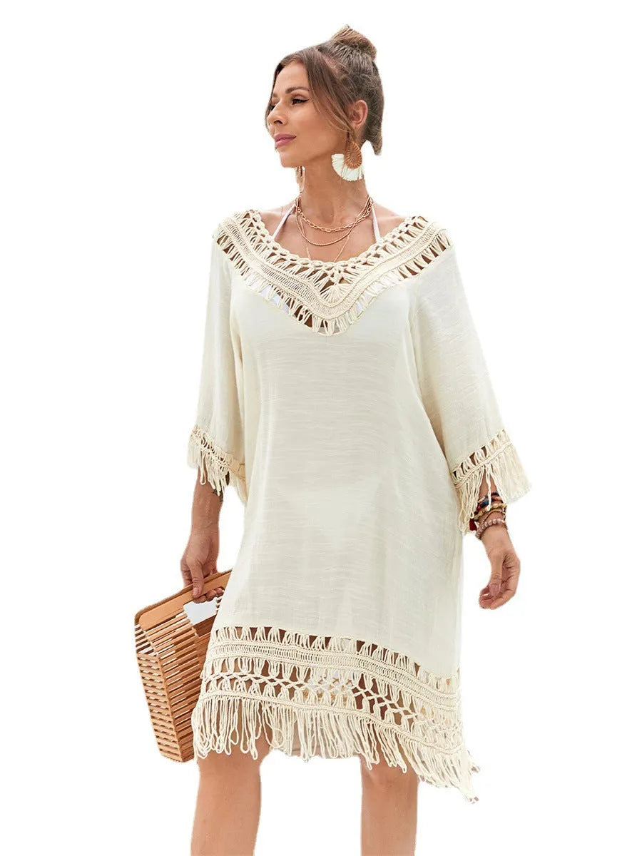 Apricot hand-crocheted acrylic beach dress with polyester lining for swimming and beach wear