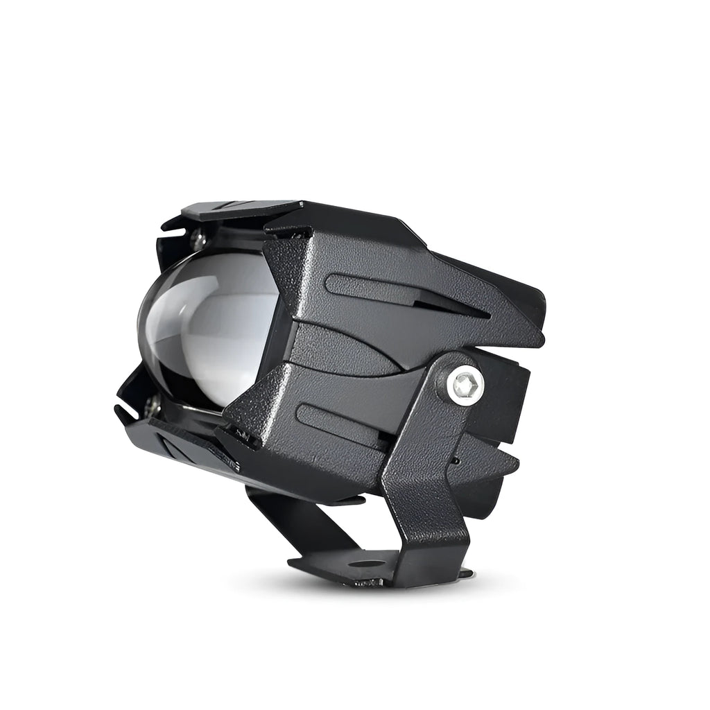 Black aluminium motorcycle spotlight with LED projection lens and dual-colour light output