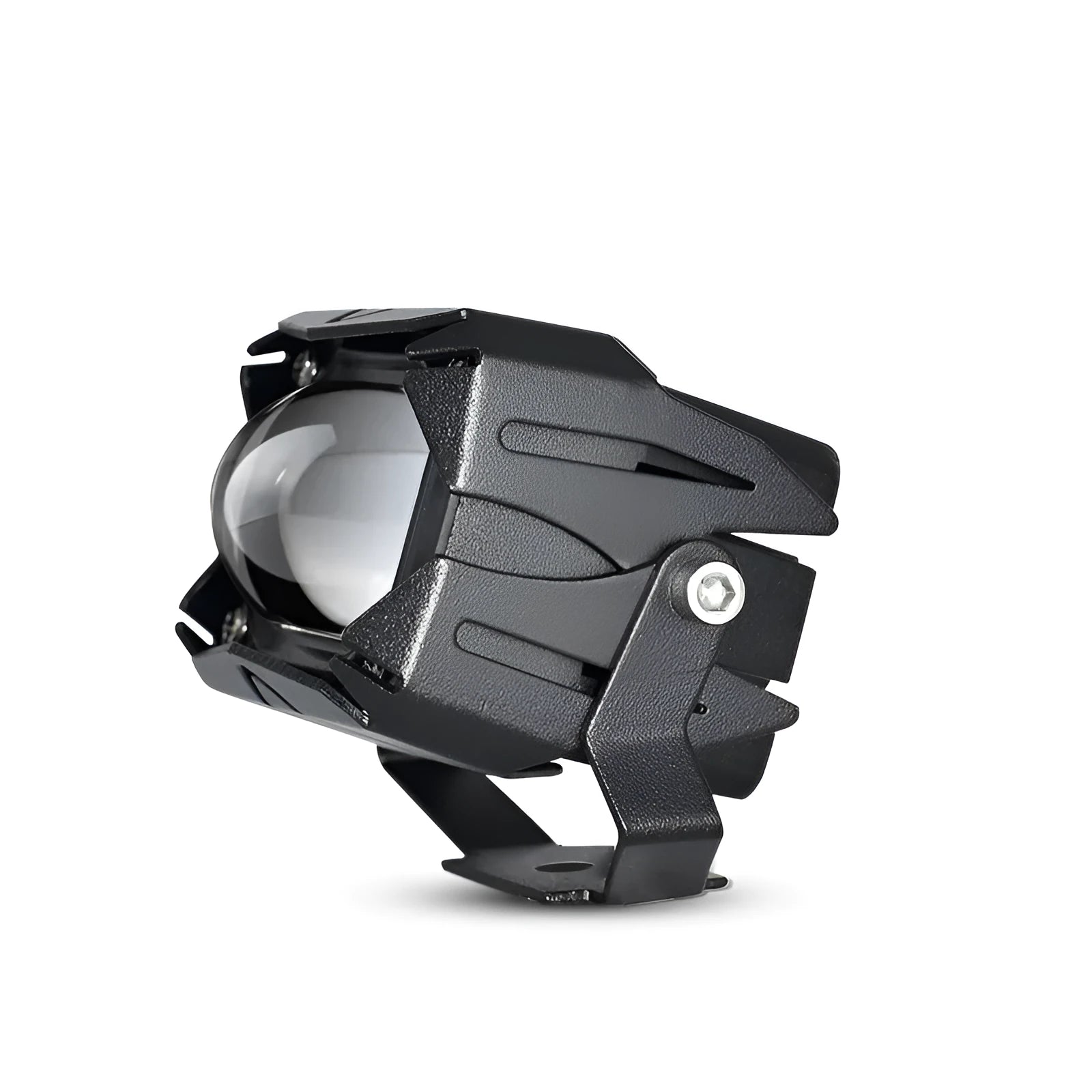 Black aluminium motorcycle spotlight with LED projection lens and dual-colour light output