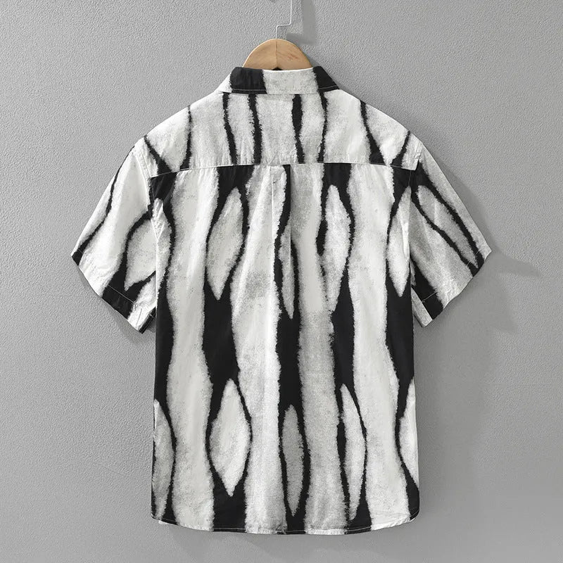 Men's black and brown striped short sleeve cotton shirt with loose cardigan-style fit
