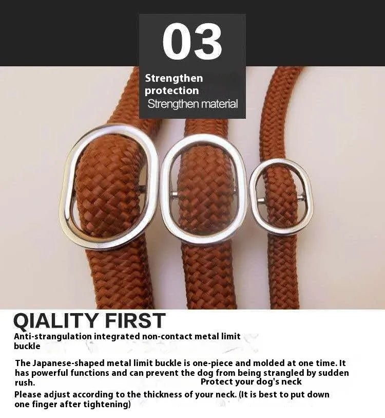 Brown nylon dog leash with hand loop, shown at full 2.1 metre length.