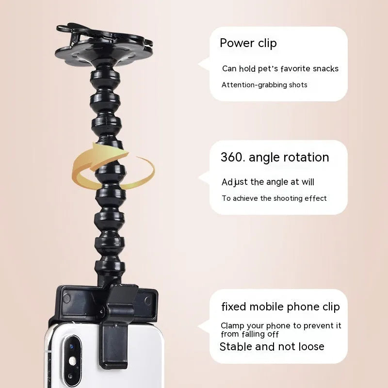 Pet photography tool with snack clip, 360-degree rotation, black plastic phone holder