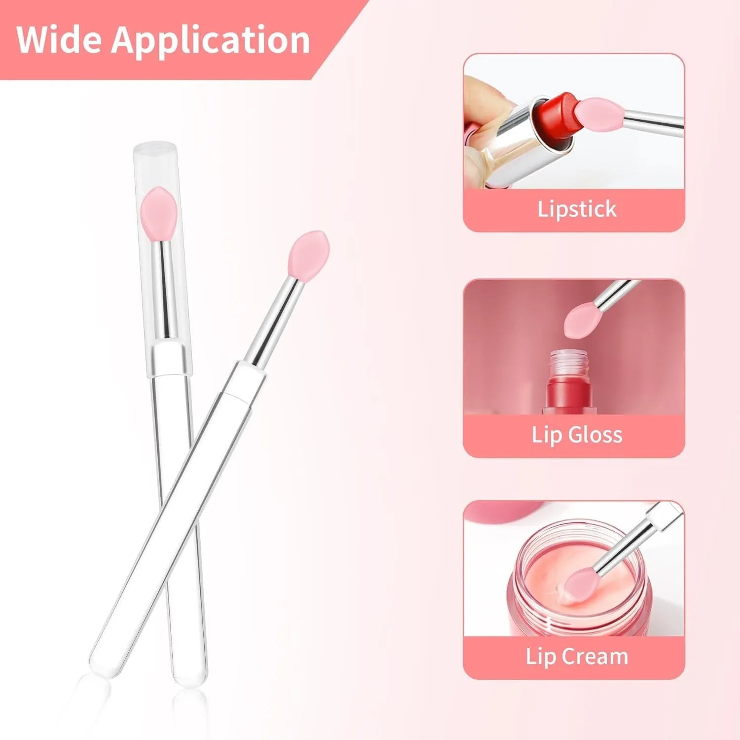 Set of eight coloured silicone lip brushes with protective caps for lipstick and gloss application