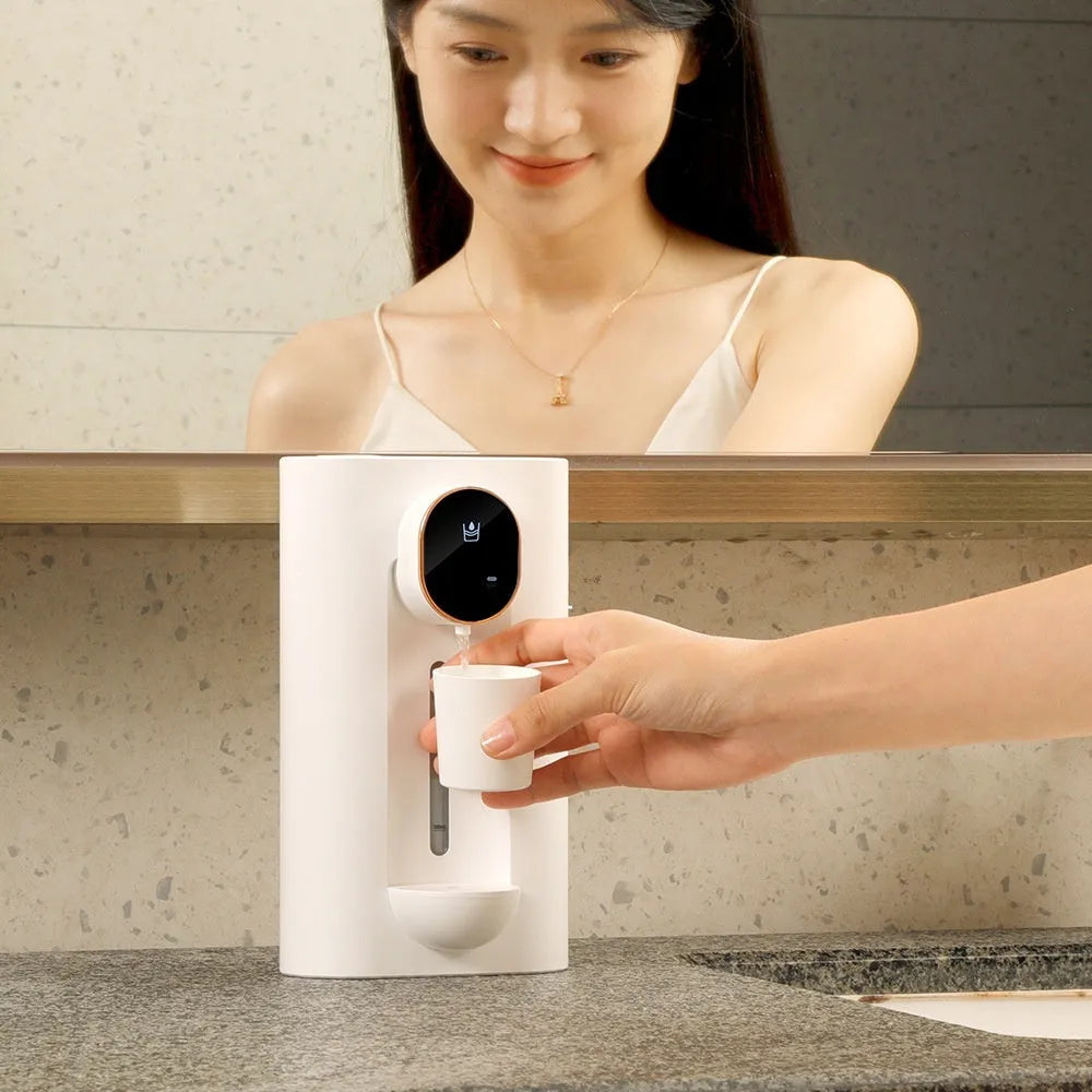 Automatic mouthwash dispenser in milky white with two magnetic cups, wall mounted in bathroom, 540ml visible tank