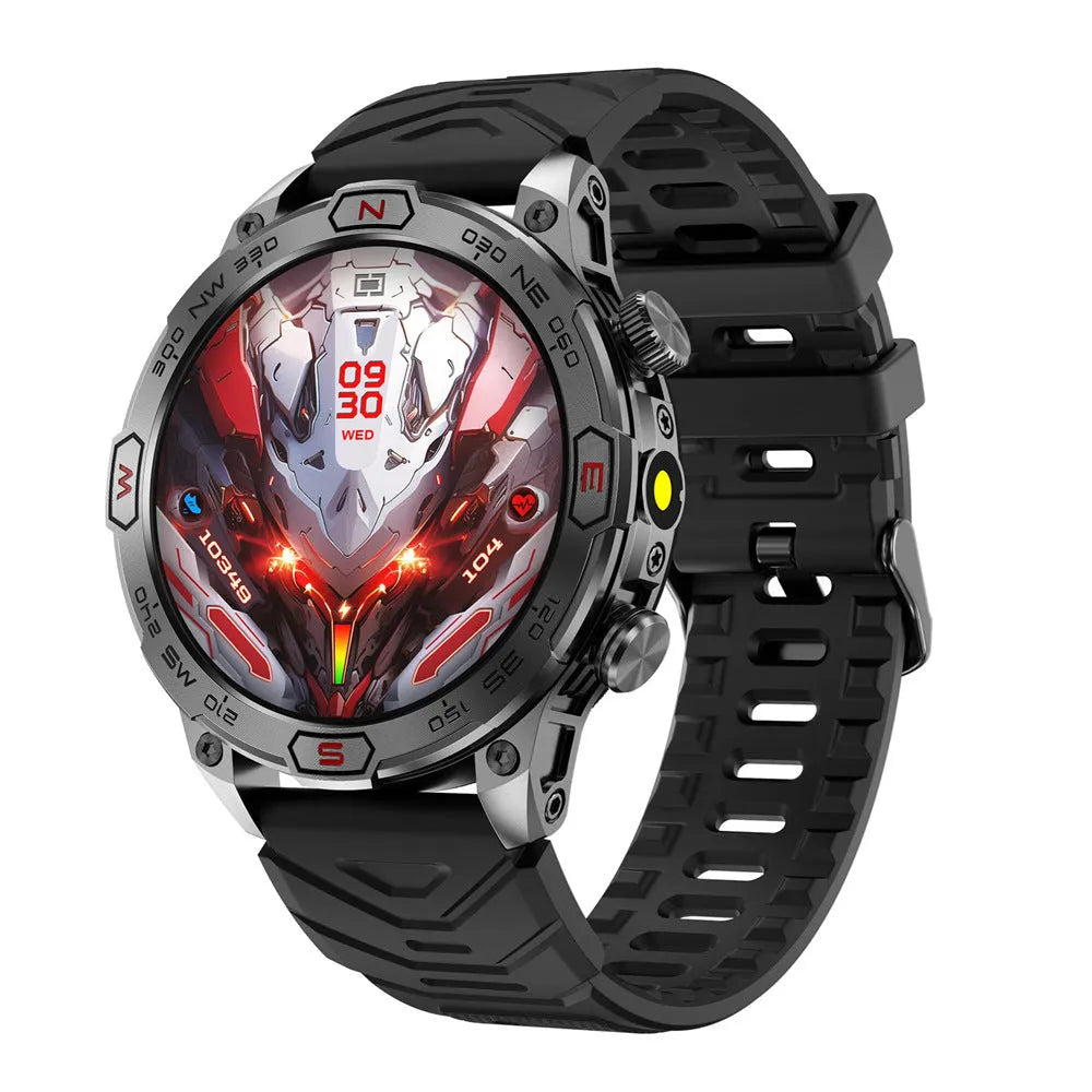 Black sports watch with 1.43-inch AMOLED screen showing weather forecast, on silicone strap